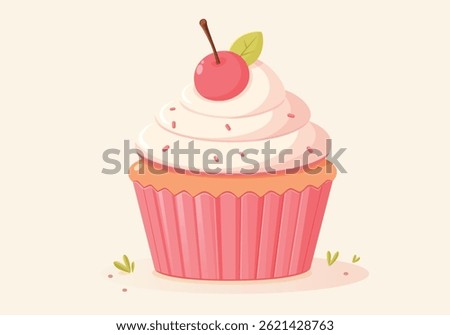 Delicious cupcake with cherry on top, in flat vector style. Vector festive sweet desserts for a birthday or small celebration 