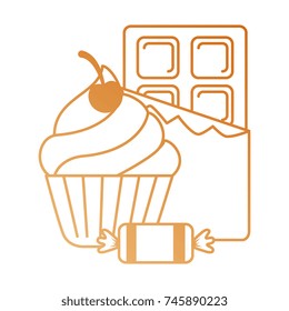 delicious cupcake with chocolate bar and candies