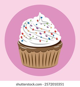 Delicious cupcake with colorful sprinkles, isolated vector illustration