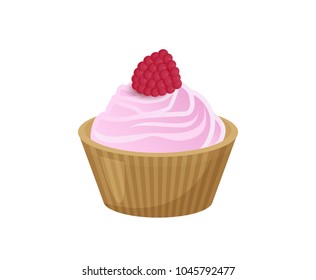 Delicious cupcake covered with pink soft tender cream and with sweet raspberry on top isolated cartoon flat vector illustration on white background.