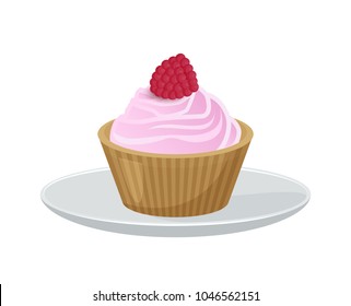 Delicious cupcake covered with pink soft tender cream and with sweet raspberry on top on plate isolated cartoon flat vector illustration on white background.