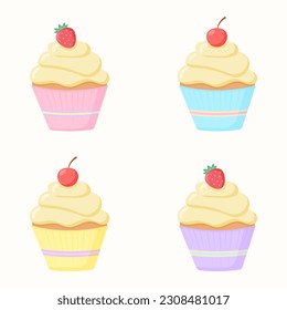 Delicious cupcake with cream, strawberry, cherry. Dessert vector illustration design