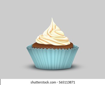 Delicious cupcake with cream in the turquoise Cup. Isolated vector image. Simulation 3D