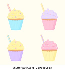 Delicious cupcake with cream and waffle sticks. Dessert vector illustration design