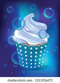 delicious cupcake in a cup on a colorful background with soap bubbles