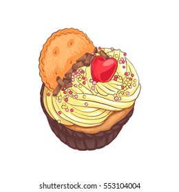Delicious cupcake. Decorative vector illustration for your design. Tasty dessert with cream, cookie and candy heart on light background.