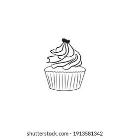 Delicious cupcake dessert in black and white colors, vector illustration graphic doodle line art style drawing.