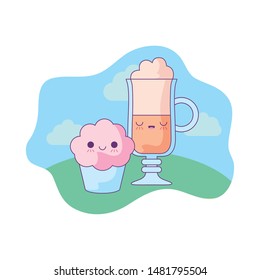 delicious cupcake with drink coffee in landscape kawaii style