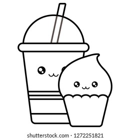 delicious cupcake and drink in plastic kawaii character