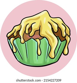 Delicious cupcake with fruit yellow glaze in a green cup, vector cartoon illustration on a round light background
