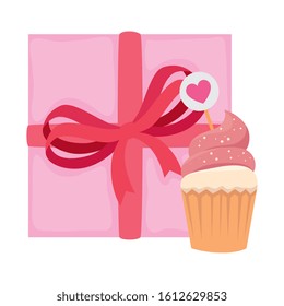 delicious cupcake with gift box isolated icon vector illustration design