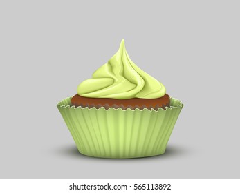 Delicious cupcake with green cream in a green bowl.Vector image of 3D simulation
