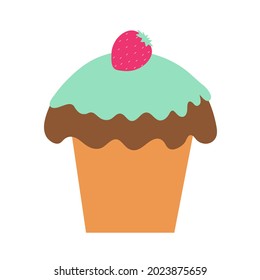 Delicious cupcake with green icing decorated with strawberries on an isolated background. Dessert baking. Tea time. Design elements. Unhealthy food. Flat illustration. Vector illustration.