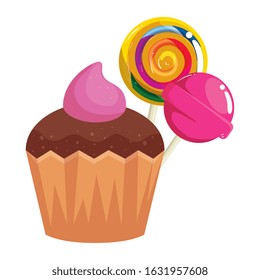 delicious cupcake with lollipops isolated icon vector illustration design