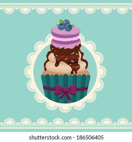 Delicious cupcake with macaron and blueberry on top. Lace background behind. Vector illustration.