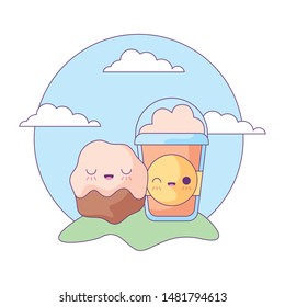 delicious cupcake with milkshake of coffee in landscape kawaii style