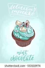 Delicious cupcake Mint Chocolate. Decorative vector illustration and handwritten brush lettering for your design. Tasty dessert with cream, chocolate chips and marshmallow on light background.