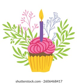 delicious cupcake with pink frosting, a lit candle, and floral decorations. Perfect for birthday cards, invitations, party decorations, and digital designs.