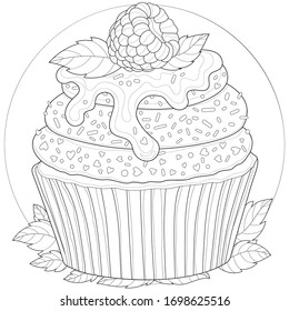 
Delicious cupcake with raspberries,
chocolate, mint and powder.Tasty dessert.Coloring book antistress for children and adults. Outline style. Black and white drawing