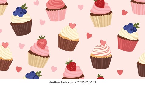 Delicious cupcake seamless pattern featuring strawberry and blueberry toppings with pink hearts on a light pink background.
