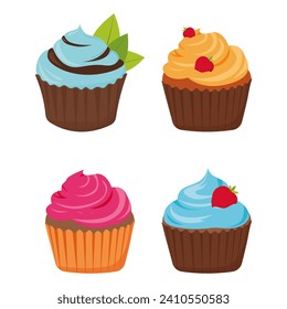 Delicioso quequito, juego de quequitos, diseño de ilustración vectorial de postre, muffins	