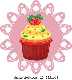 Delicious cupcake. Strawberries on a pink napkin. Dessert vector illustration design