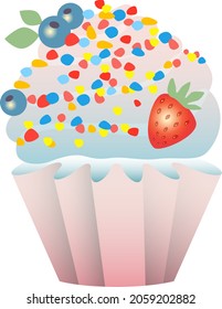 Delicious cupcake with strawberry, blueberries and cream. Vector illustration. Isolated object
