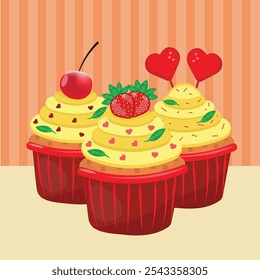 Delicioso cupcake. Fresa, cereza, corazones de caramelo. Diseño de Ilustración vectorial de postre