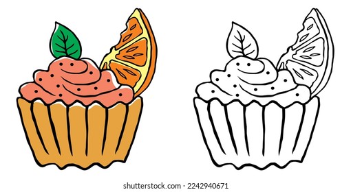 Delicious cupcake with strawberry cream, sprinkles, orange slice and green leaf. Dessert vector illustration