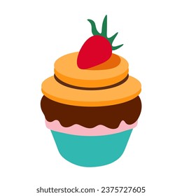 Delicious cupcake sweet with strawberry flat icon chocolate muffin isolated on white background. In simple cartoon doodle minimalism style