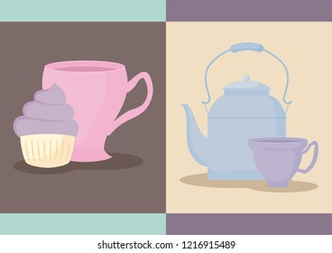 delicious cupcake with teapot and cup