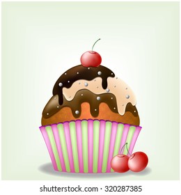 Delicious cupcake with three-chocolate cream and sweets and cherries - eps10 vector illustration