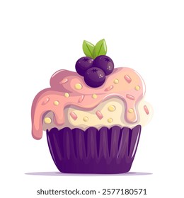 A delicious cupcake topped with smooth white frosting and juicy blueberries. This delightful treat captures the essence of sweetness and freshness, perfect for indulging in a moment of bliss.