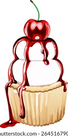 A delicious cupcake topped with a swirl of cream, a glossy cherry, and a drizzle of chocolate. The dessert is beautifully styled,ideal for use in culinary, bakery, and celebration-themed visuals