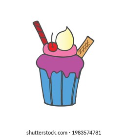 delicious cupcake with vanilla ice cream, cherry and chocolate wafer toppings. hand drawn vector. sweet dessert icon. doodle art for logo, label, cover, poster, banner, advertising, sticker, clipart.