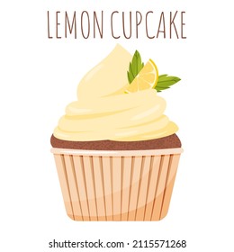 Delicious cupcake with yellow cream lemon and mint leaf. Cute dessert isolated on a white background