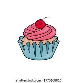 Delicious cupcake with yummy pink cream and cherry on the top. Cupcake vector illustration in colorful cartoon style in blue paper cup 