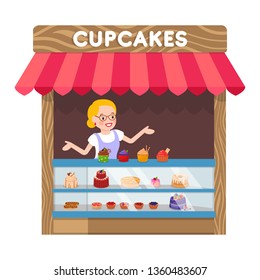 Delicious Cupcakes Booth Flat Vector Illustration. Saleswoman behind Counter with Muffins Cartoon Characters. Tasty Pastry Kiosk, Sweet Dessert Shop, Awning with Baking. Food Store, Retail Service