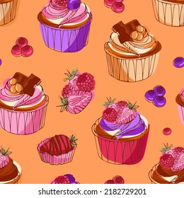 Delicious cupcakes with chocolate, berries and caramel. Modern pattern bright vector illustration in sketch style. For wallpaper, printing on fabric, wrapping, background, cookbooks, menus