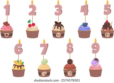 Delicious cupcakes. Dessert vector illustration design. Birthday Cupcakes with Candles and numbers