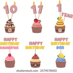 Delicious cupcakes. Dessert vector illustration design. Birthday Cupcakes with Candles and numbers