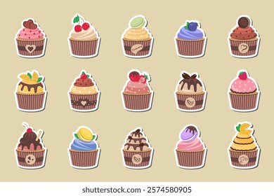 Delicious cupcakes. Dessert vector illustration design. Stickers. Cute Cupcakes Collection