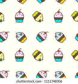 Delicious cupcakes editable seamless pattern with ice cream, cherries, flowers and hearts. Perfect sweet snack for summer season.