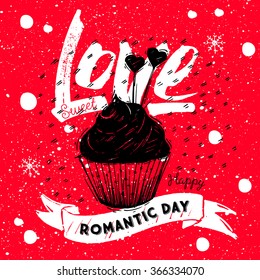 Delicious cupcakes with a hand-drawn sketch elements and lettering on red background
