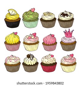 Delicious cupcakes and muffins cartoon set. Chocolate birthday dessert cupcake illustration. Vector illustration 
