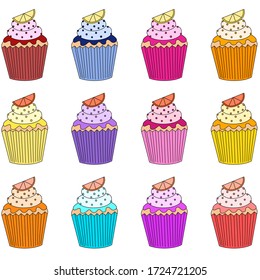 Delicious cupcakes and muffins vector cartoon set. Cute sweet  collection. Multi-colored cakes with cream and slice of orange, lemon. Vector stock illustration isolated on a white background.