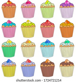 Delicious cupcakes and muffins vector cartoon set. Cute sweet  collection. Multi-colored cakes with cream. Vector stock illustration isolated on a white background.