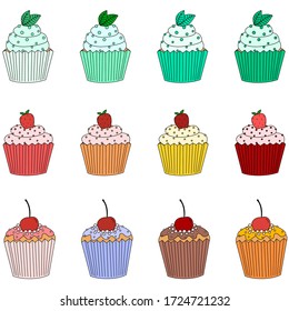 Delicious cupcakes and muffins vector cartoon set. Cute sweet  collection. Multi-colored cakes with cream, strawberries, cherries, leaf mint. Vector stock illustration isolated on a white background.
