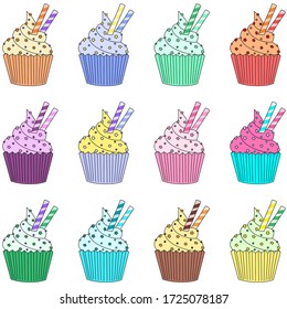 Delicious cupcakes and muffins vector cartoon set. Cute sweet  collection. Multi-colored cakes with cream. Vector stock illustration isolated on a white background.