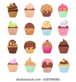 Deliciosos quequitos y muffins vectoriales conjunto. Ilustración de pastelito de chocolate por cumpleaños